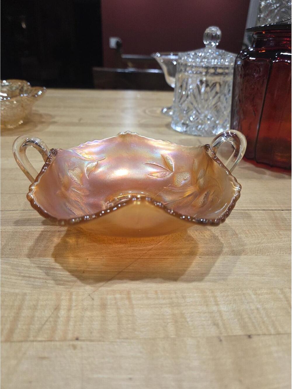 Vintage Fenton Strawberry Marigold Carnival Glass Handled Bonbon Bowl As Is
